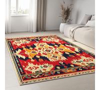 Red Durable Machine Washable Rug 140 x 200 cm, Vintage Geometric Traditional Pattern Short Pile Carpet Non-Slip Carpet - Non-Shedding Printed Rug for Living Room Bedroom Hallway Home Office
