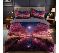 Red Duvet Cover Sets Super King Size Night view of cherry blossoms in the park Printed Bedding Set 3 Pcs Microfiber Soft Quilt Cover 260x220 cm & 2 Pillowcases 50x75 cm with Zipper Closure