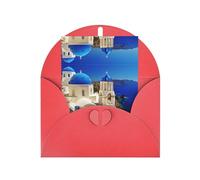 Red Elegant Santorini Greek Island sea View Print Greeting Card with Matching Envelope â€“ Blank Blessed Design for Birthday, Wedding