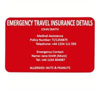 Red Emergency Travel Insurance Details Information Card (Aluminium) for Wallet/Purse - Laser Etched with Your Personalised Details, Policy Number, Emergency Contact etc