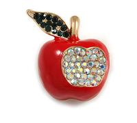 Red Enamel, AB/Dark Green Crystal Apple Brooch In Gold Tone Metal - 30mm Tall