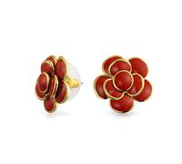 Red Enamel Button Style 3D Rose Flower Spring Retro Stud Earrings For Women Pierced Ears Gold Plated Brass