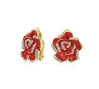 Red Enamel Flower Crystal Edge Spring Retro Floral Rose Clip On Earrings For Women Non Pierced Ears Gold Plated
