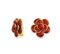 Red Enamel Rose Flower Spring Retro Clip On Earrings Button Style For Non Pierced Ears Gold Plated Brass