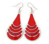 Red Enamel With Glitter Teardrop Earrings/ 65mm Long
