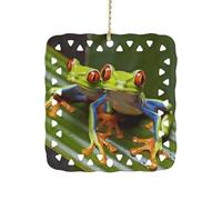 Red Eyed Tree Frog Ceramic Christmas Ornaments 3 Inch Double Sided Square Pendant Holiday Tree Hanging Decor for Home, Party, Hotel Decorations, Gift for Teacher, Neighbor, Friend