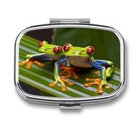 Red Eyed Tree Frog Pill Box 2-Compartment Portable Pill Case Square Metal Medication Organizer Small Weekly Medication Case with Mirror Stylish Vitamin Holder for Purse Pocket Travel