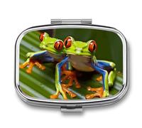 Red Eyed Tree Frog Pill Box - 2 Compartment Travel Pill Organizer with Small Mirror, Portable Pillcase for Pocket & Purse, Cute Square Medicine Case, Weekly Medicine Container