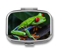 Red Eyed Tree Frog Pill Box 2 Compartments Portable Travel Pill Case Mini Medicine Organizer for Pocket Purse Metal Waterproof Medicine Container Holder Vitamin Fish Oil