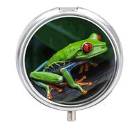 Red Eyed Tree Frog Pill Box 3-Compartment Travel Pill Organizer Portable Round Medicine Case with Mirror Design for Vitamins, Jewelry & Essentials Durable Pocket Pillbox for Purse, Camping