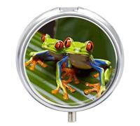 Red Eyed Tree Frog Pill Box - 3 Compartment Travel Pill Organizer with Small Mirror, Portable Pillcase for Pocket & Purse, Cute Round Medicine Case, Weekly Medicine Container