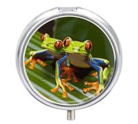 Red Eyed Tree Frog Pill Box Case 3 Compartment Travel Medicine Pill Organizer 3x A Day Portable Vitamin Organizer with Mirror Small Pillbox for Purse & Pocket Cute Daily Medicine Container Metal Vitam