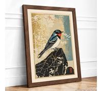 Red Faced Bird on Wood Japandi Framed Wall Art Print A4 Walnut