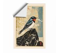 Red-Faced Bird on Wood Japandi Unframed Wall Art Print A4 (29.7×21cm), Wall Decor for Living Room, Bedroom, Office & Home, Art Gift