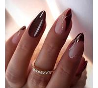 Red False Nails,24pcs Almond Press on Nails - Medium Acrylic Fake Nails with Gold Line - French Tip False Nails Stick on Nails with Glue - Full Cover Burgundy Nails for Women and Girls