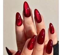 Red False Nails - 24pcs Cat Eye Design Burgundy Press on Nails - Almond Fake Nails Medium with Glue - Oval Glossy Stiletto French Tip Acrylic Full Cover Long Last Stick on Nail for Women Gift Nail Art