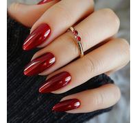 Red False Nails, Press on Nails With Glue 24pcs - Almond Shaped Stick On Nail in Glossy Wine Red Cherry, Long Fake Nails Full Cover Removable for Parties Vacations
