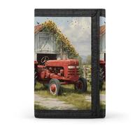 Red Farm Tractor Old Barn Fashion Trifold Wallets with Key Ring Lightweight Front Pocket Tri-Fold Wallet