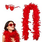 Red Feather Boa, 2PCS Feather Scarf Set with Heart Glasses