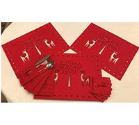 Red Felt Deer Dining Linen 12 Piece Set Placemats, Coasters, Cutlery Holders