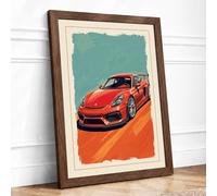 Red Ferrari at Dusk Retro Framed Wall Art Print A2 (59.4×42cm) Walnut, Wall Decor for Living Room, Bedroom, Office & Home, Ready to Hang, Art Gift