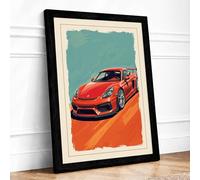 Red Ferrari at Dusk Retro Framed Wall Art Print A4 Black | Ready to Hang, Premium Gi Paper, Fade-Resistant Inks, Securely Packaged, UK Made