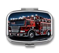 Red Fire and Rescue Truck Pill Box 2 Compartment Small Square Pills Case Portable for Pocket Pill Organizer Travel Metal Pill Holder for Office Home Vitamin Medicine Fish Oil