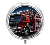 Red Fire and Rescue Truck Round Pill Box 3 Compartment Small Pill Box Round Portable Pill Case to Hold Vitamins Medication Fish Oil and Supplements Travel Purse Pocket Gift