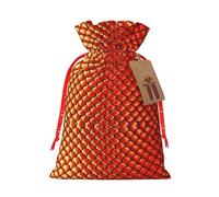 Red Fish Scale Print Holiday Burlap Gift Bag With Drawstring, Small Party Favor Pouches For Christmas Gifting-S Size