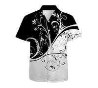 Red Flame Mens Hawaiian Shirt 3D Graphic Aloha Shirt Novelty Button Down Shirts Casual Short Sleeve Beachwear for Men, Black White Floral, XL
