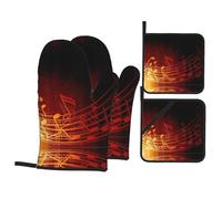 Red Flame Music Note Print Oven Mitts Pot Holders 4 Pcs Set Kitchen Oven Gloves Cooking Baking Grilling Accessories