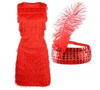 Red Flapper Dress - Large - Ladies Flapper Fancy Dress Costume with Fringing - Matching Sequin Headband and Feather - 1920s Charleston Dress