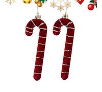 Red Flocked Christmas Ornaments - 5 Inch 2PCS Painted, Candy Cane Decorations, Bow & Bell Hanging Ornaments | for Tree Holiday Scene, Flocked Ornament Set, Home Christmas Party Decor