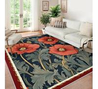 Red Floral Area Rug Living Room Carpet 60x120 Large Soft Washable Bedroom Rugs Navy Blue William Morris Style Area Rugs Dining Room Home Office Nursery Low Pile Decor Under Kitchen Table