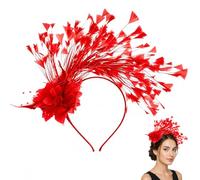 Red Floral Feather Fascinator Headband, Large Wedding Races Hat for Women | Lightweight, clip-on adjustable headband, all-day comfort. Red floral feather mesh vintage design. For weddings, races, tea