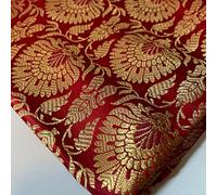 (Red) Floral Gold Metallic Print Indian Banarsi Brocade Fabric Premium Quality (Pre Cut 1 Meter)