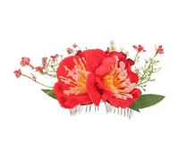 Red Floral Hair Side Comb for Brides and Photoshoots | Metal Fabric Build, Easy Insert Comfort, Realistic Azalea Flower, Bohemian Vintage Style