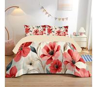 Red Floral Patterns Single Duvet 7.5 Tog, Soft Reversible Coverless Duvet, Leaves Single Quilt for All Seasons, Microfiber Comforter with 2 Pillowcases (135 * 200cm) -Ad72