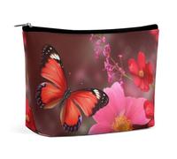 Red Flower And Butterfly Makeup Bag, Portable PU Leather Cosmetic Bag with Zipper Pouch, Waterproof Travel Toiletry Bag for Women Men