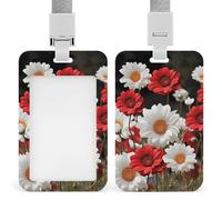 Red Flower and Daisy Badge Holder with Lanyard - Waterproof Hard Plastic ID Card Holder Professional Name Tag Vertical ID Card Name Badge for Office Nurse Doctor Teacher