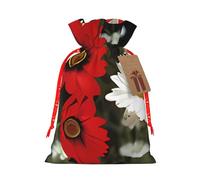 Red Flower And White Daisy Burlap Drawstring Gift Bag With Tag, Reusable Linen Pouch For Christmas, Birthday, Party, Small Gift Packaging S