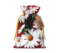 Red Flower And White Daisy Print Christmas Drawstring Gift Bags With Cards For Xmas Party Decorations Holiday