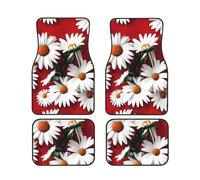Red Flower and White Daisy Print Stylish Car Foot Mat Set 4 Pieces Convenience Floor Mats Sedans SUV Trucks Vans