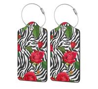 Red Flower Animal Zebra,Luggage Tags Pu Leather Name Tag Travel Suitcase Identifier ID Tags Durable Luggage Label 2 pcs