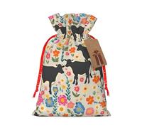 Red Flower Cows Cattle Print Christmas Drawstring Present Bag, Reusable Holiday Goodie Bag For Presents