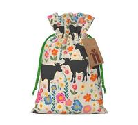 Red Flower Cows Cattle Print Christmas Drawstring Present Bag, Reusable Holiday Goodie Bag For Presents
