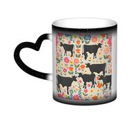 Red Flower Cows Cattle Print Thermal Color Changing Mug, Ceramic Coffee Cup, Magic Mug for Home Office Cafe