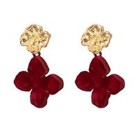 Red Flower Earrings 2 Pcs, Velvet & Gold Metal Layered Dangle Design Women'S, Autumn Winter Unique Fashion Jewelry, Eye-Catching Comfortable &