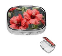 Red Flower Green Leaves Pill Box 2 Compartment Medicine Pill Organizer Square Pill Case for Purse & Pocket Travel Pillbox Portable Metal Medicine Vitamin Fish Oil Organizer Unique Gift