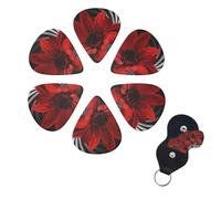 Red Flower Guitar Picks 6 Pack, 0.71mm Thickness Celluloid Bass Pick with Leather Guitar Pick Holder Keychain Abstract Art Pics Plectrum for Acoustic Electric Guitar, Ukulele, Bass